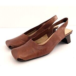 Lisa Nading Cognac Brown Leather Slingback Sq Toe Slant Wood Heel 36.5 US 6.5